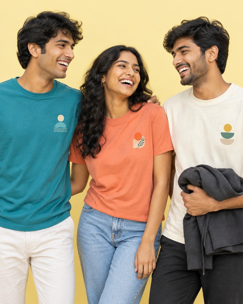 Friends in custom printed T-shirts in teal, coral and cream